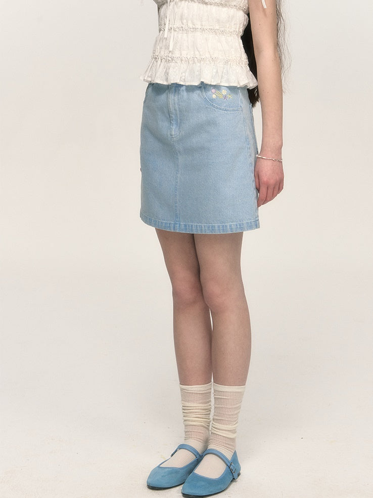 Simple Embroidery A-line Washed Denim Mini Skirt