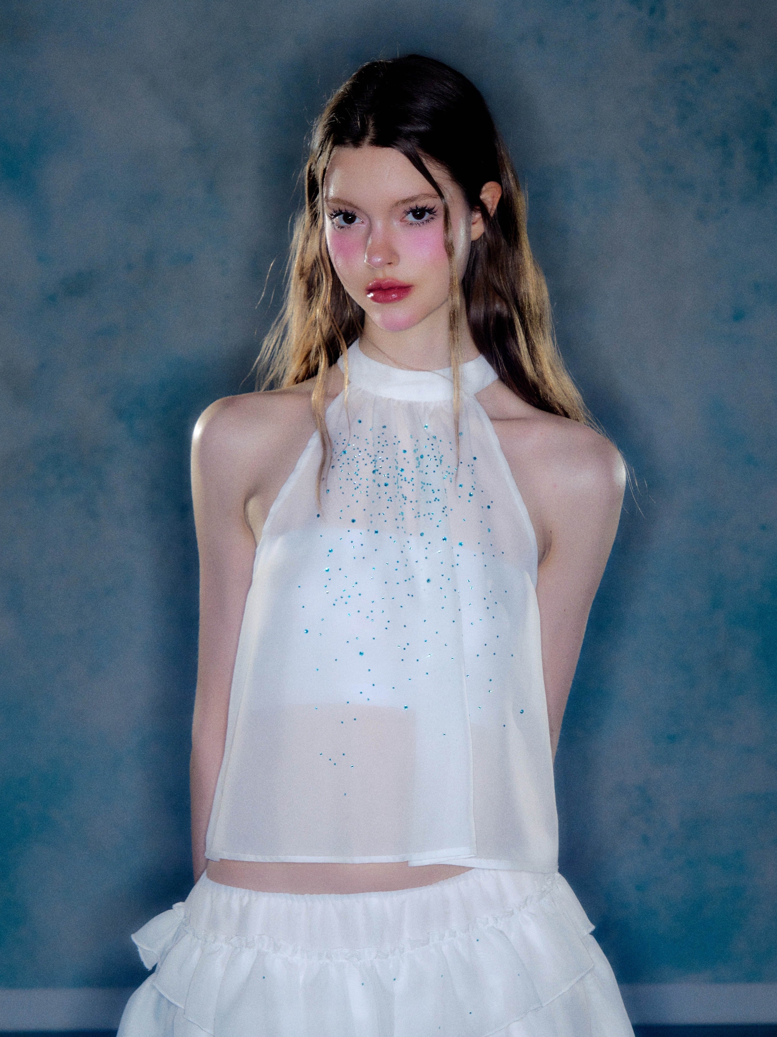 Starry Transparent American Sleeve Top &amp; Ruffle Cake Short Skirt