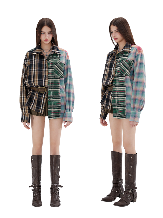 Loose Niche Design Contrasting Plaid Splicing Shirt