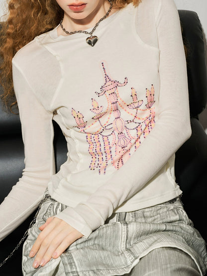 Rhinestone Printed Crystal Lamp Fake Two-piece Bottoming Shirt