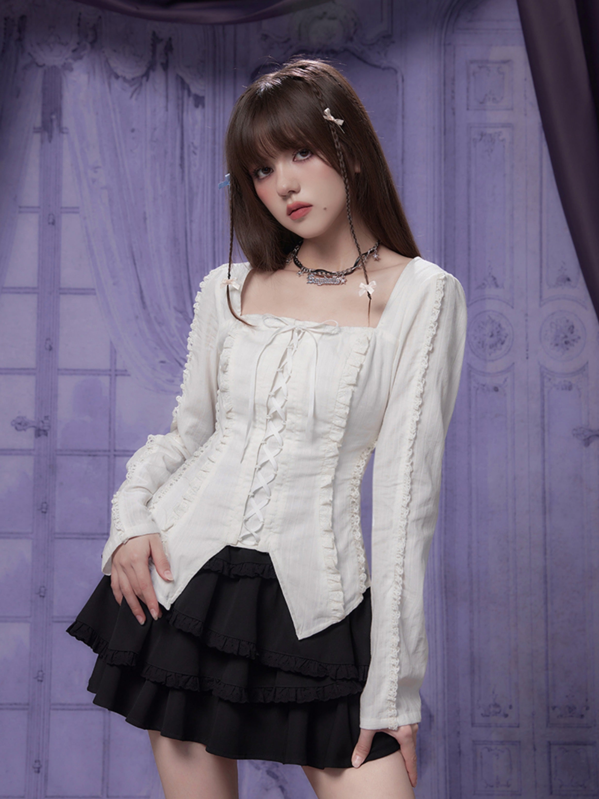 Square Neck French Style Lace-Up Shirt