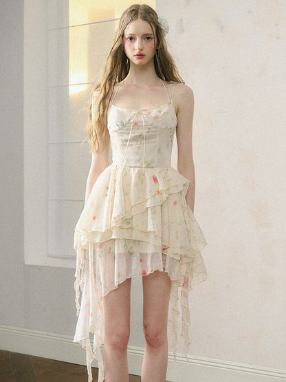 Rose Irregular Ruffle Suspender Dress