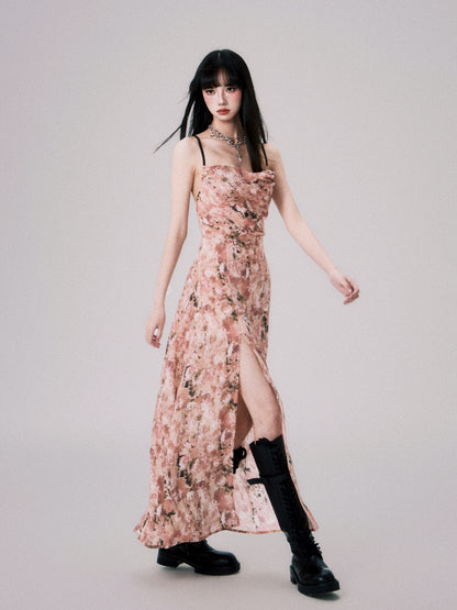 Swing Neck Backless Floral Suspender Dress