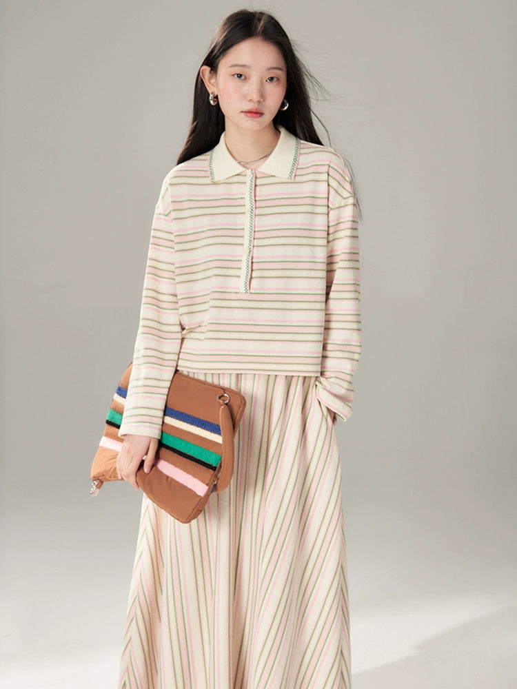 Easy Chic Grainy Texture Striped Knitted POLO Shirt ＆ Skirt