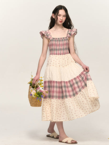 Retro Plaid Floral Lace Patchwork Small Flying Sleeves Dress