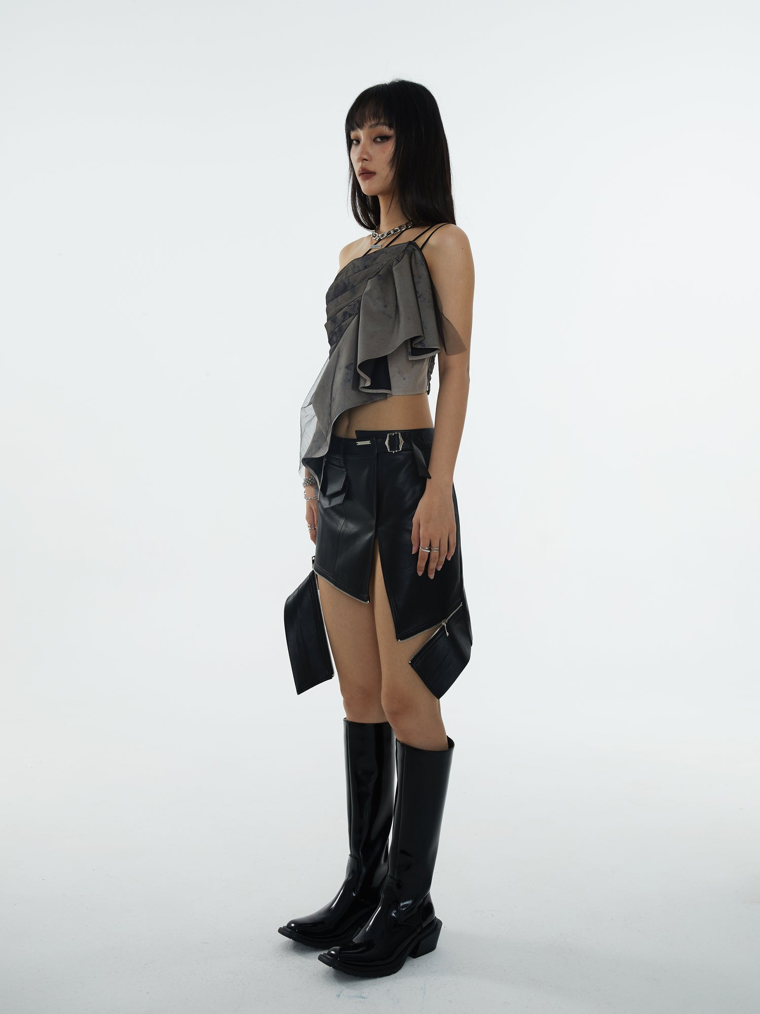 Pleated Shoulder Strap Asymmetry Camisole