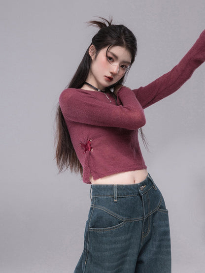 Slit Ribbon Cropped Knit Top