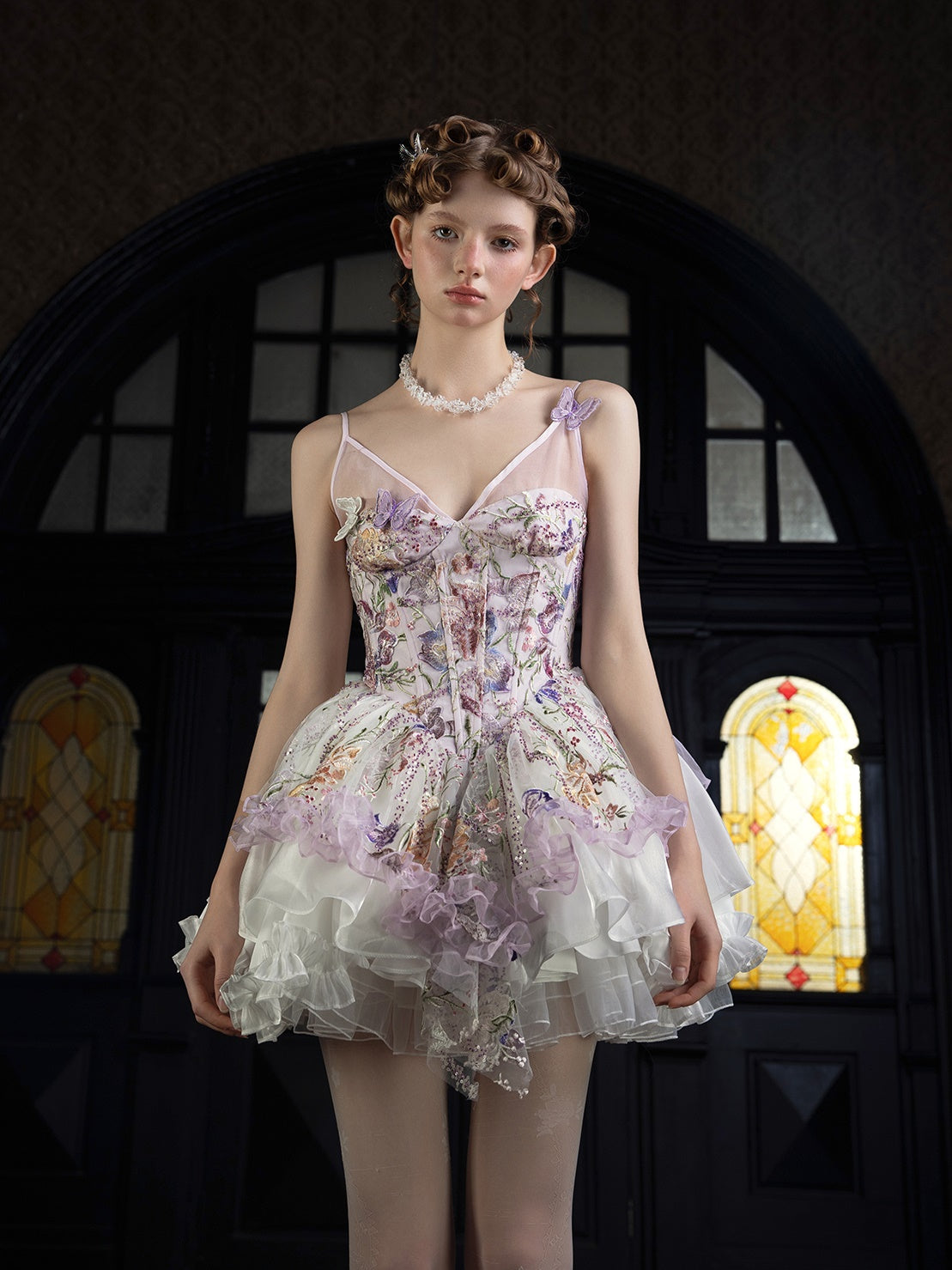 Flower Beading Embroidery Butterfly Strap Layered Dress