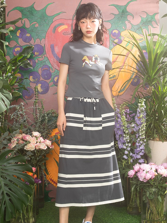 Border Patch Pocket Mid-length Skirt