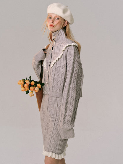 High Neck Crocheted Wood Ear Knitted Cardigan &amp; Skirt