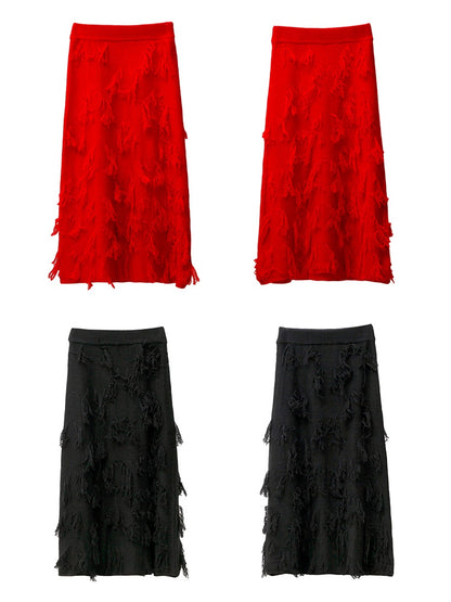 Irregular Jacquard Fringe A-line Mid-length Skirt