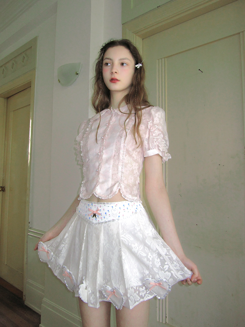 Petal Shape Waist Puff Sleeve Short Sleeve Shirt