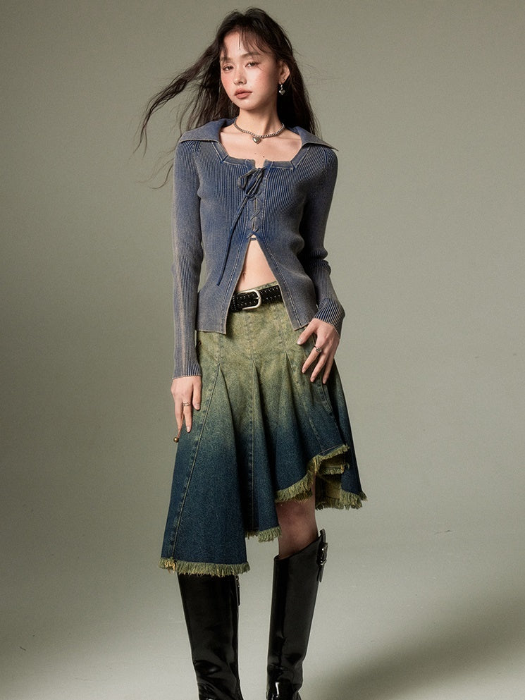 Gradient Bandage Irregular Hem Denim Skirt