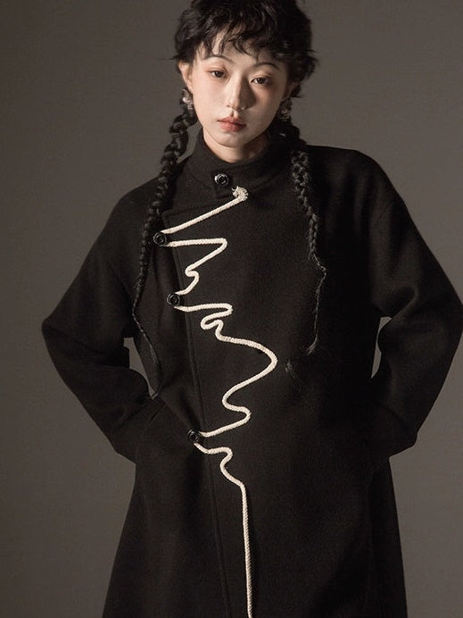 Rope Design Flower Buckle Niche Stand-Collar Coat