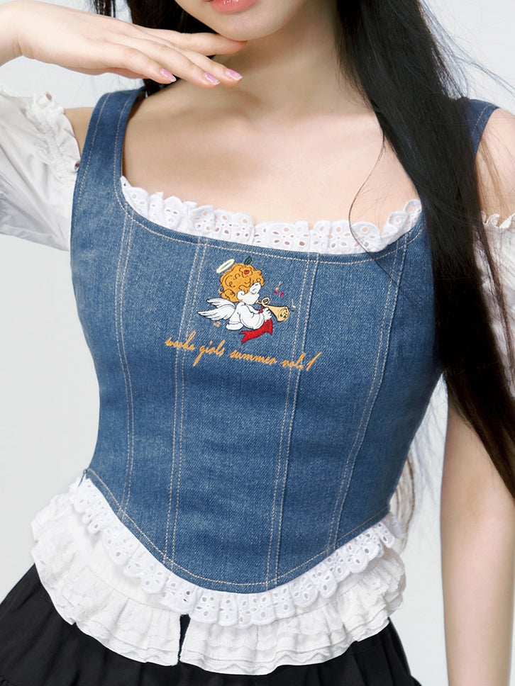 Denim enge Spitzenbustier -Tops