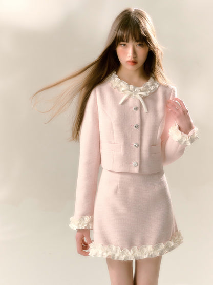 Fine Glitter Small Fragrance Jacket ＆ Frill Stitch Short Skirt