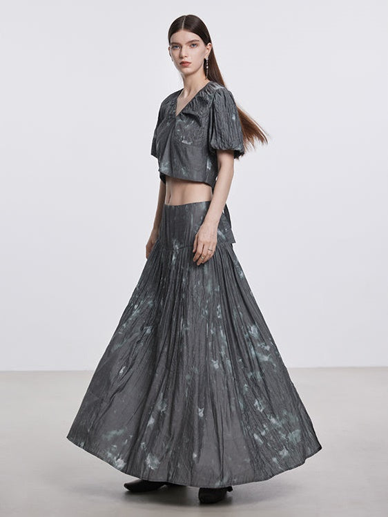 Tie-dye V-Neck Puff Sleeve Top &amp; Gather Long Skirt