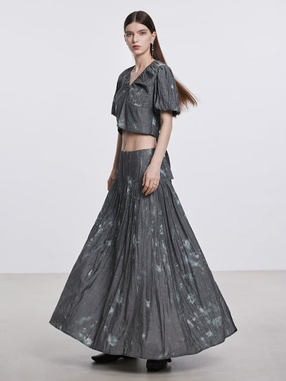 Tie-dye V-Neck Puff Sleeve Top ＆ Gather Long Skirt