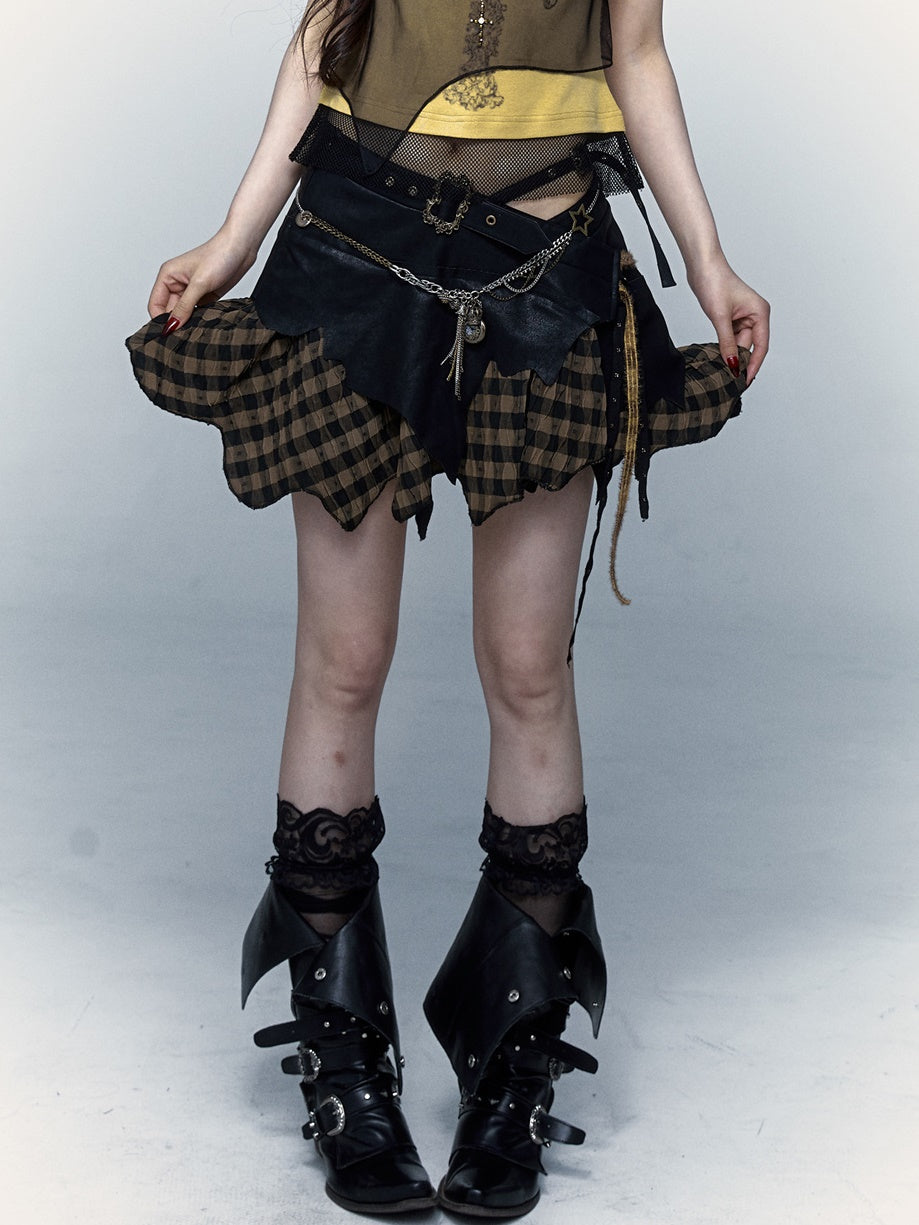 Plaid PU Irregular Patchwork Skirt