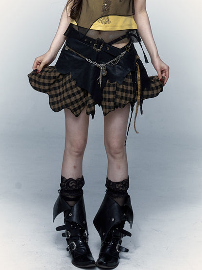 Plaid PU Irregular Patchwork Skirt