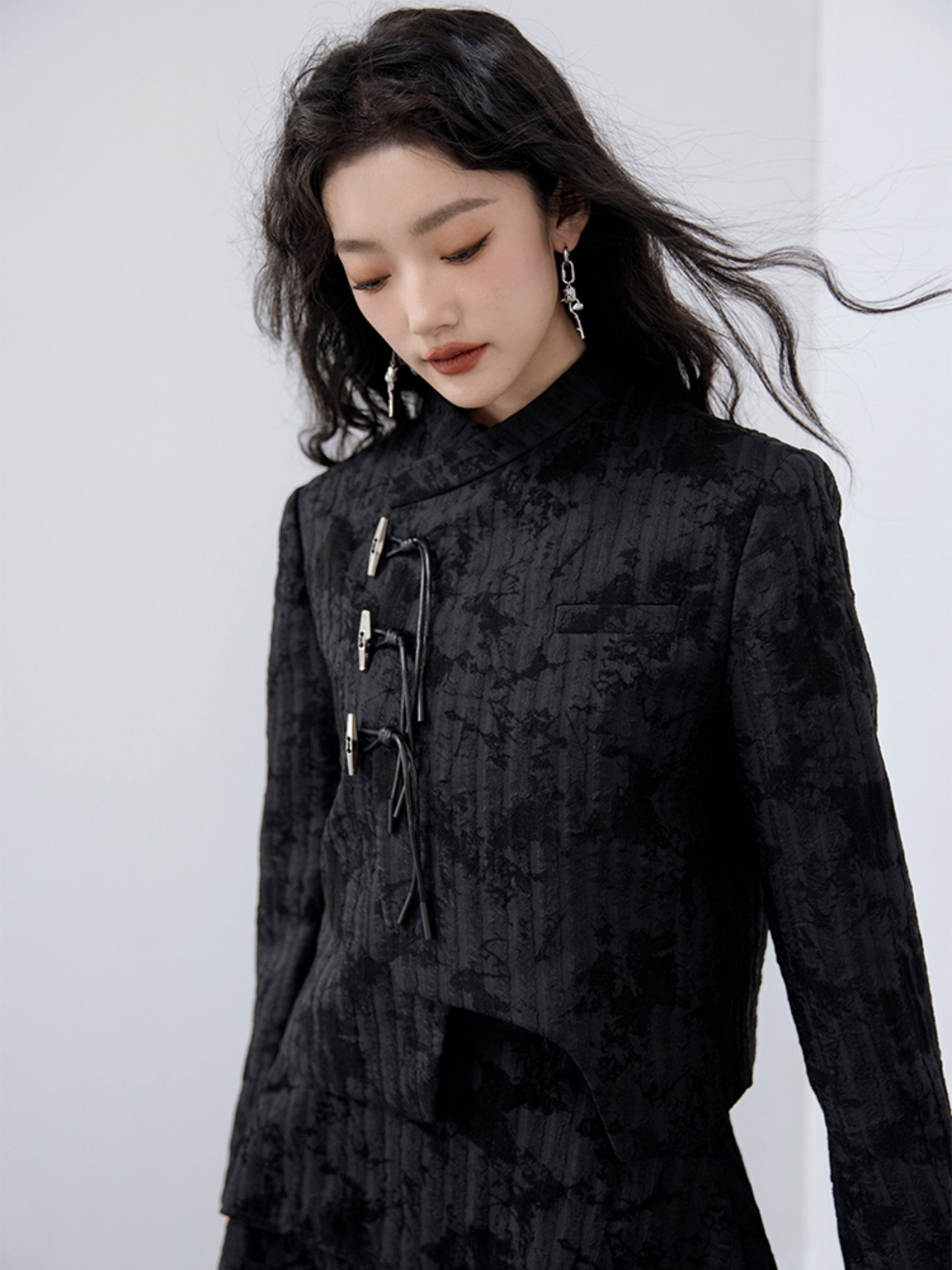 Flocking Chinese Button Asymmetry Jacket ＆ Skirt