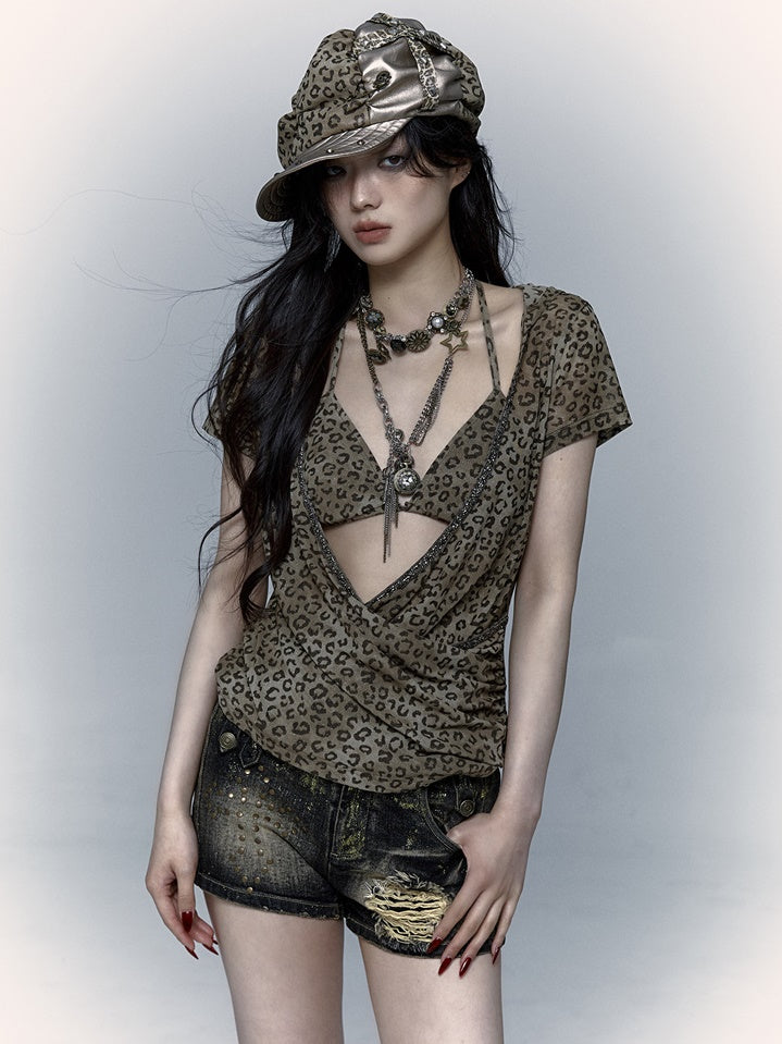 Leopard Print Mesh Hooded Cover-up