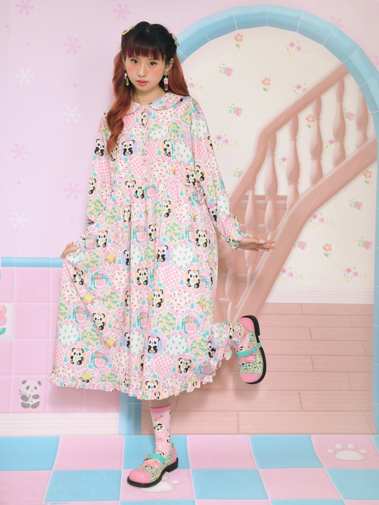 Doll Collar Patchwork Style Printed Loose Dress