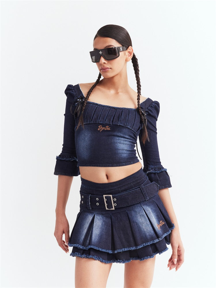 Denim Puff Sleeve Top &amp; Pleated Skirt