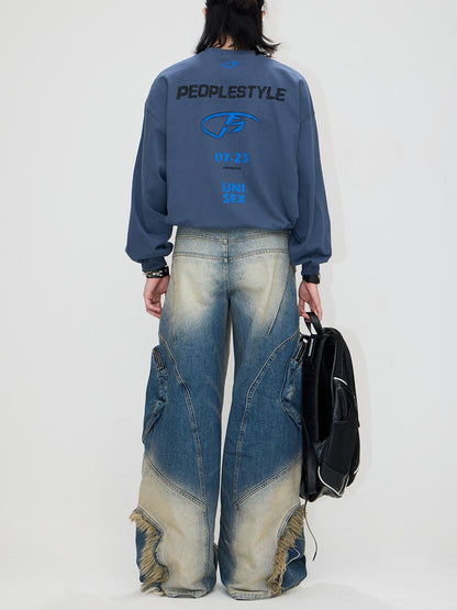 Special-shaped Structure Pocket Bleached Dyed Loose Jeans