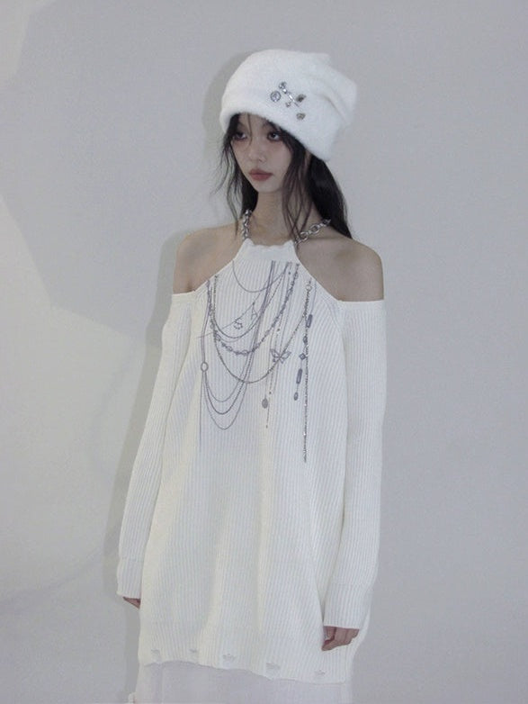 Halter Chain Design Cut-Shoulder Sweater