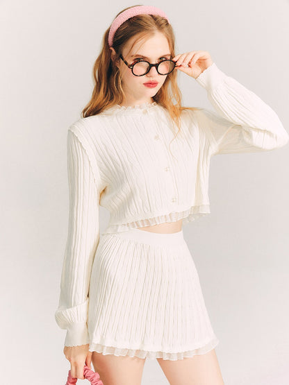 Lace Trim Cable Knit Cardigan &amp; Skirt