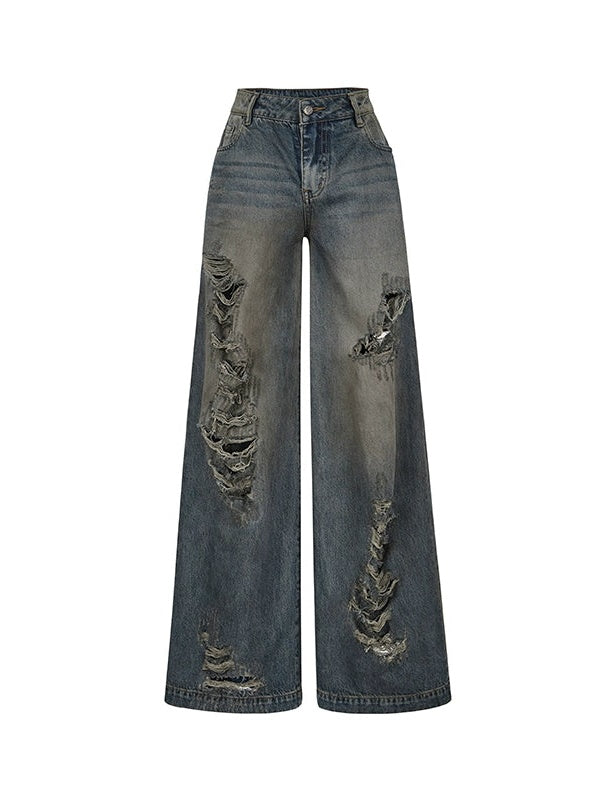 Ripped Loose Street Wide-Leg Denim