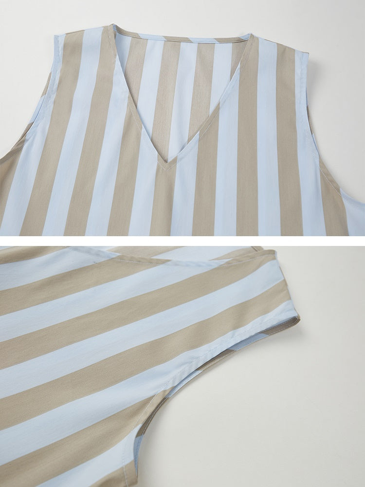 Holiday Style V-neck Folded Tuck Striped One-piece