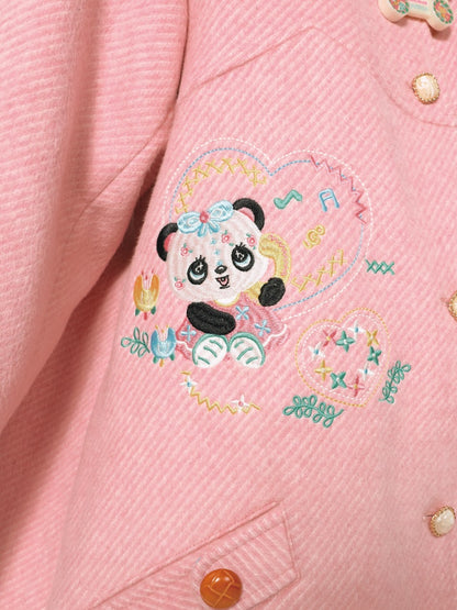 Panda Embroidered Doll Collar Mid-length Coat