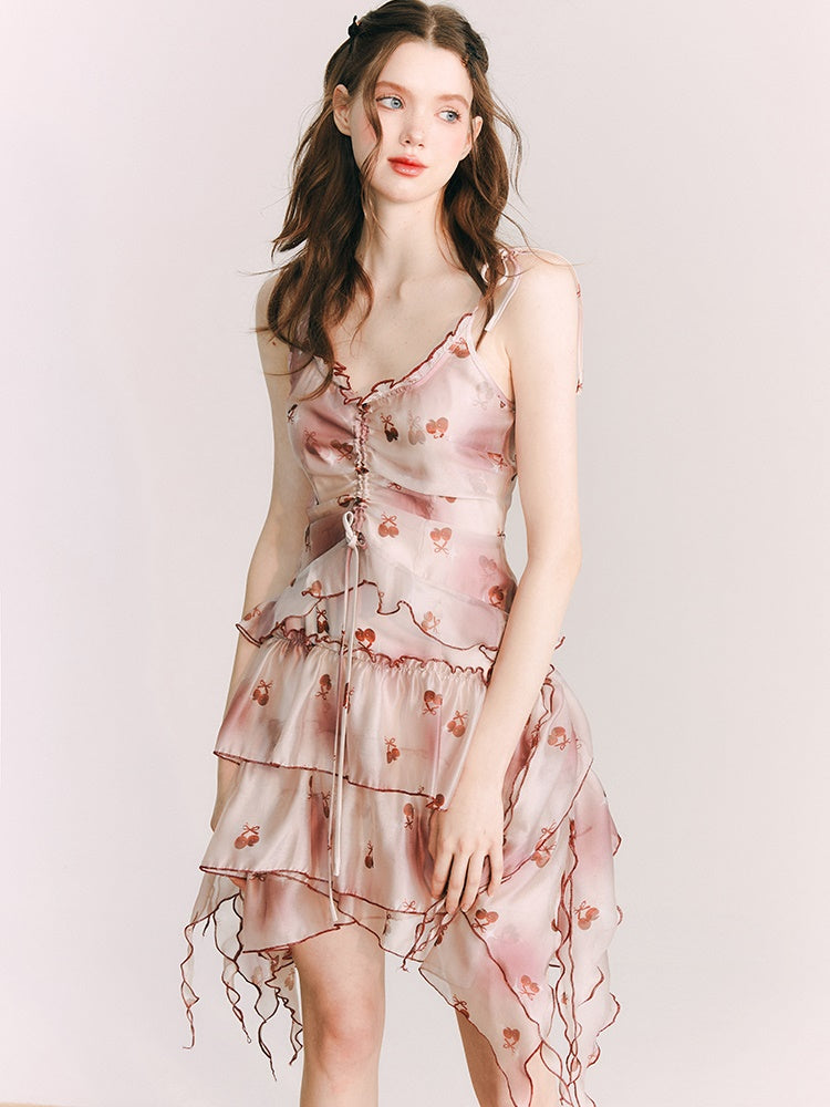 Cherry Organza Printed Sling Dress