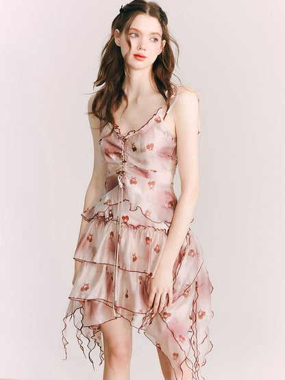 Robe à écharpe imprimée en organza cerise