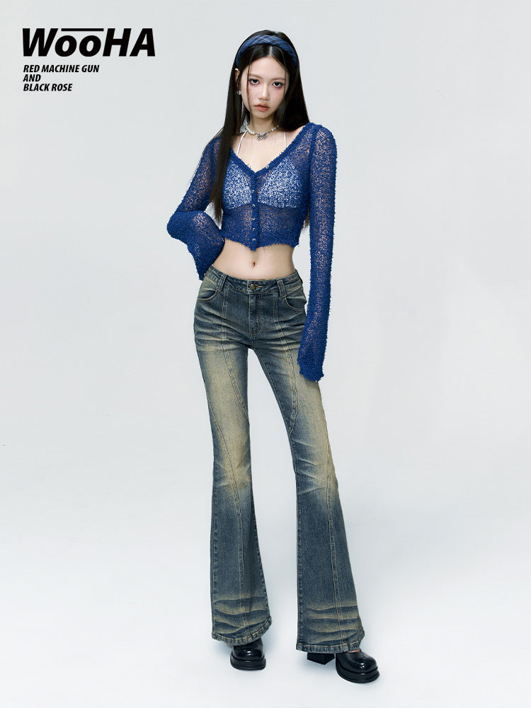 Faded-denim retro vintage flare-pants