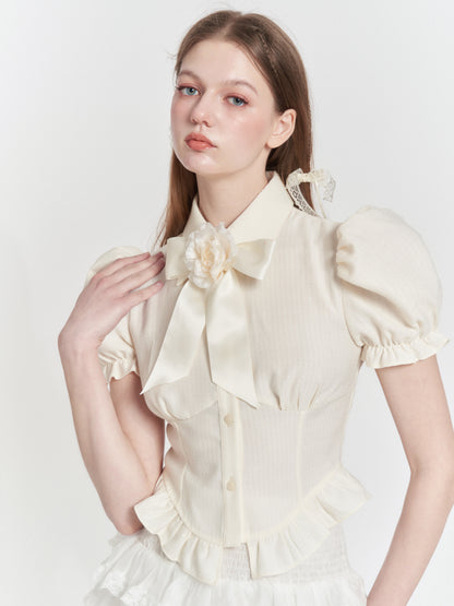 Camellia Ribbon Brooch Ruffle Puff Sleeve Shirt