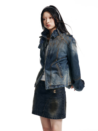 Gold-brushed Slim-fitting Stand-Collar Denim Short Jacket