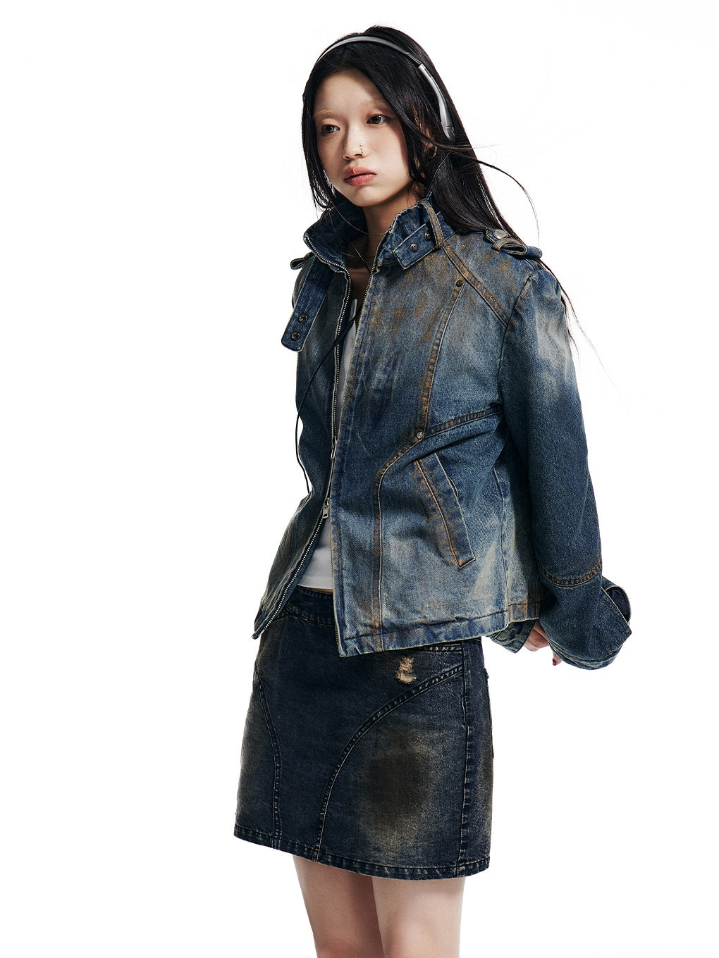 Stand-Collar Denim Short Jacket