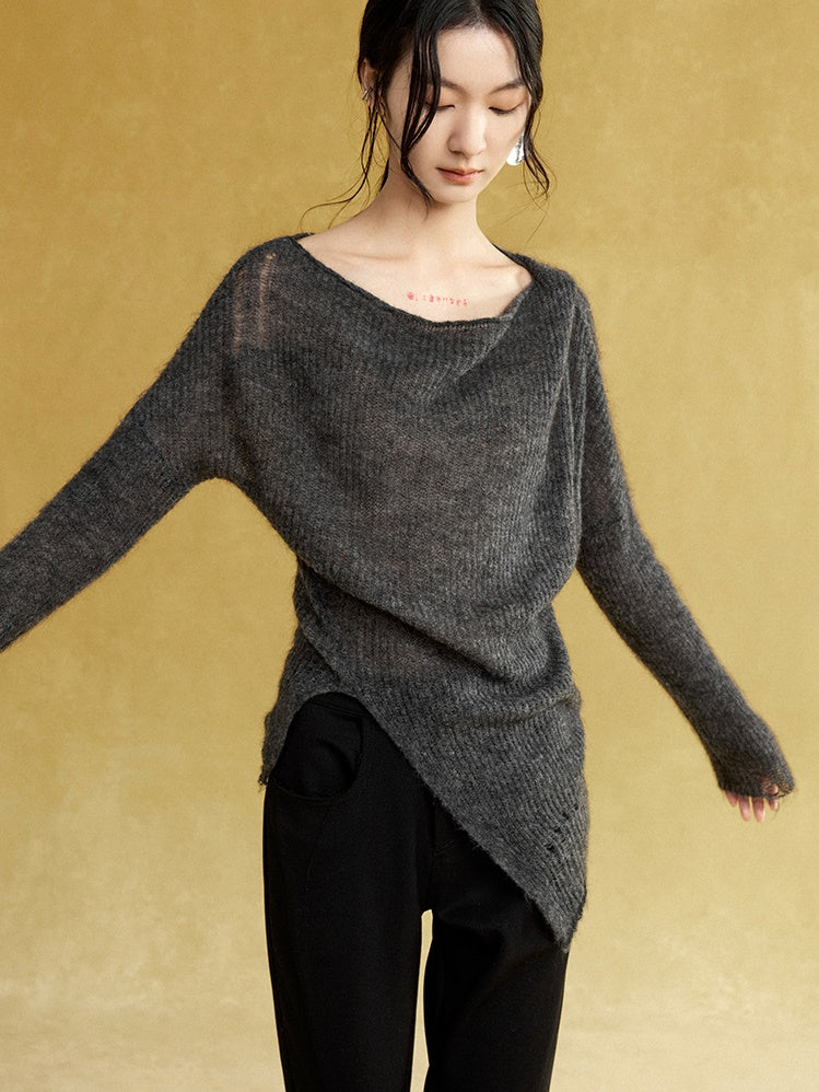 Swing Collar Asymmetry Slit Sweater