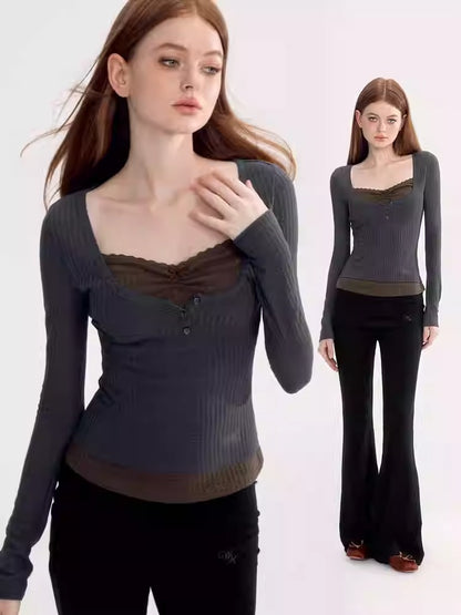 Fake-Layered Slim Stretch Ribbon Bi-Color Knit