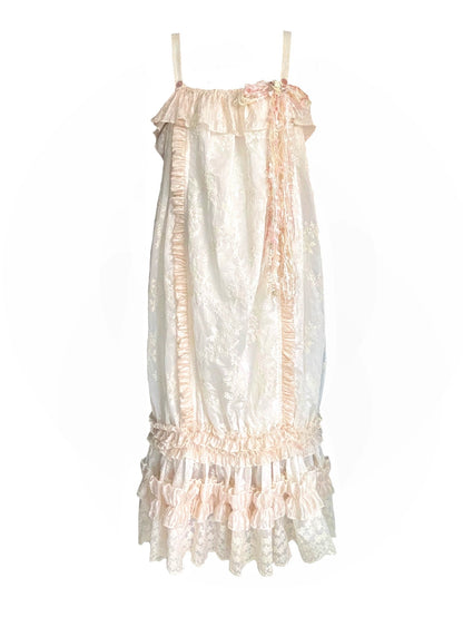 Loose Retro Pleated Lace Embroidered Dress