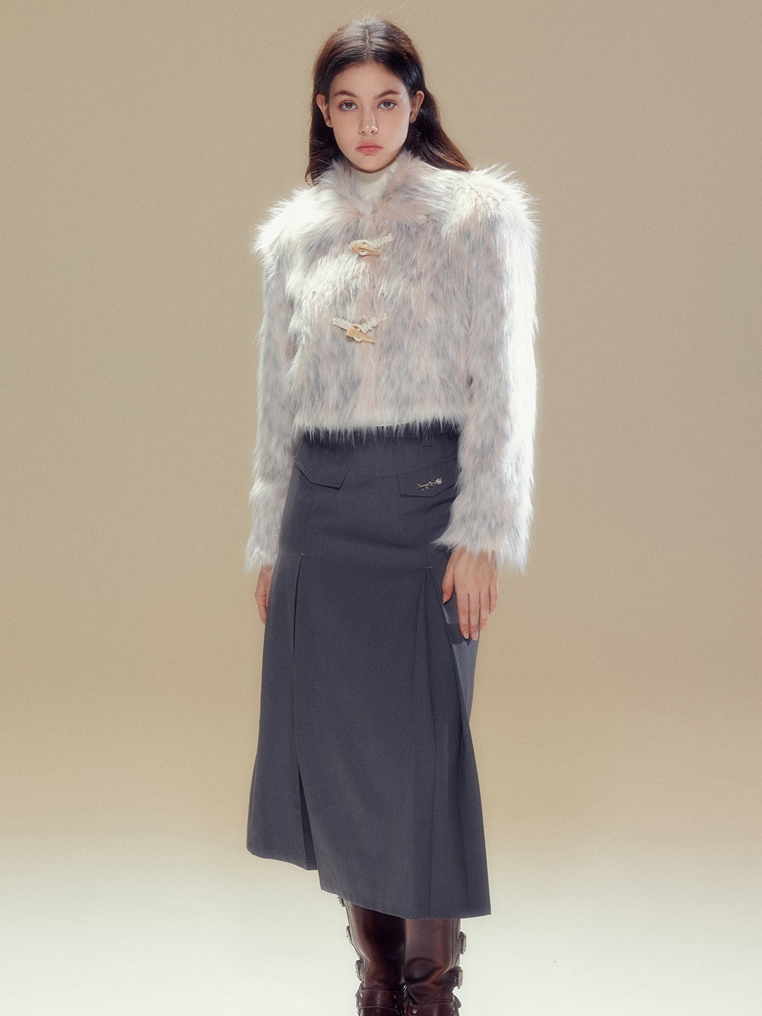 Long Hair Horn Button Friendly Fur Jacket &amp; Box Pleated Skirt