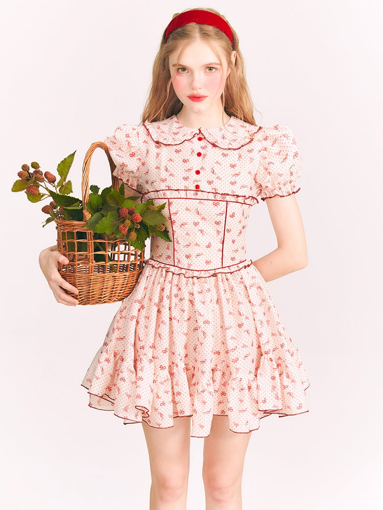 Ribbon Printed Doll Collar Dress