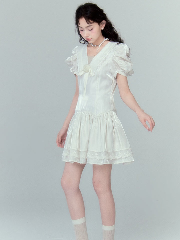 V-neck Rose Streamer Puff Sleeve Dress