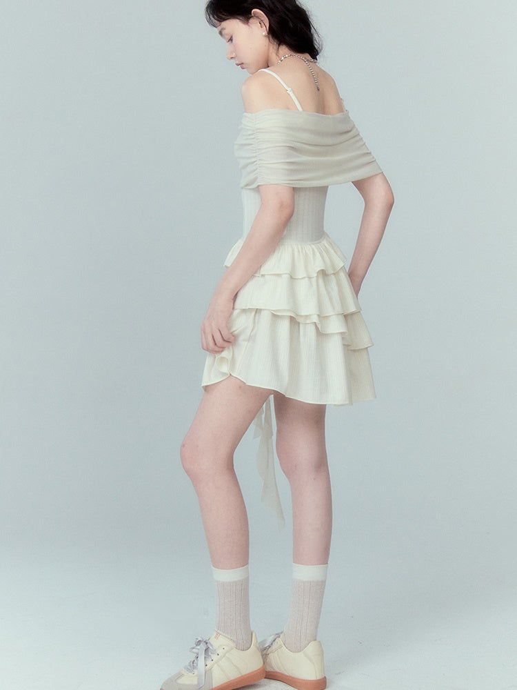 Strap Off-shoulder Ruffle Stitching Dress