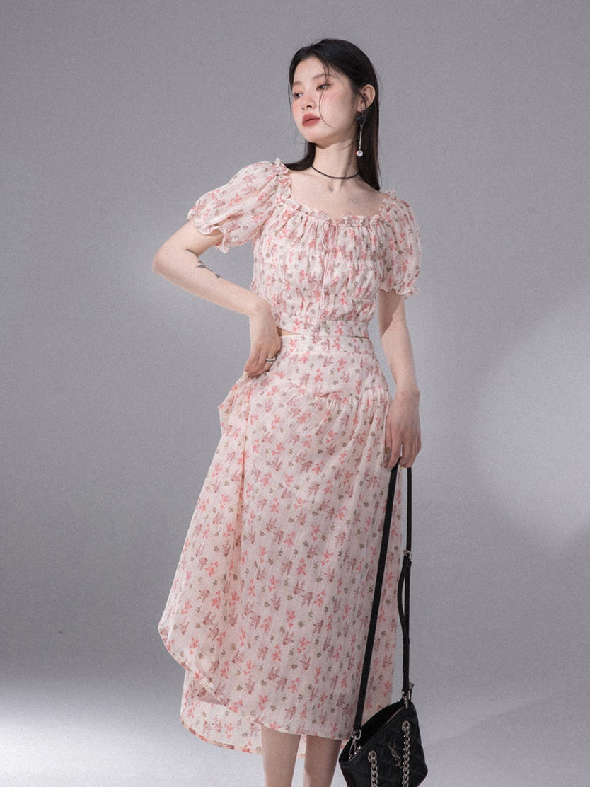 Rose Flower Ripples Pleated Top &amp; Curved Waist Skirt Set-up