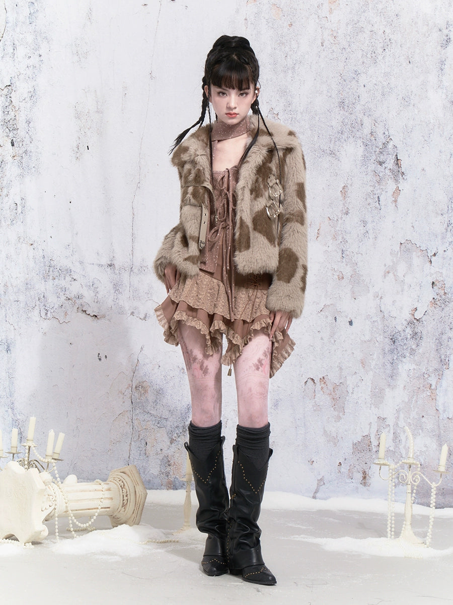 Cow Pattern Leather Buckle Fur Short Coat