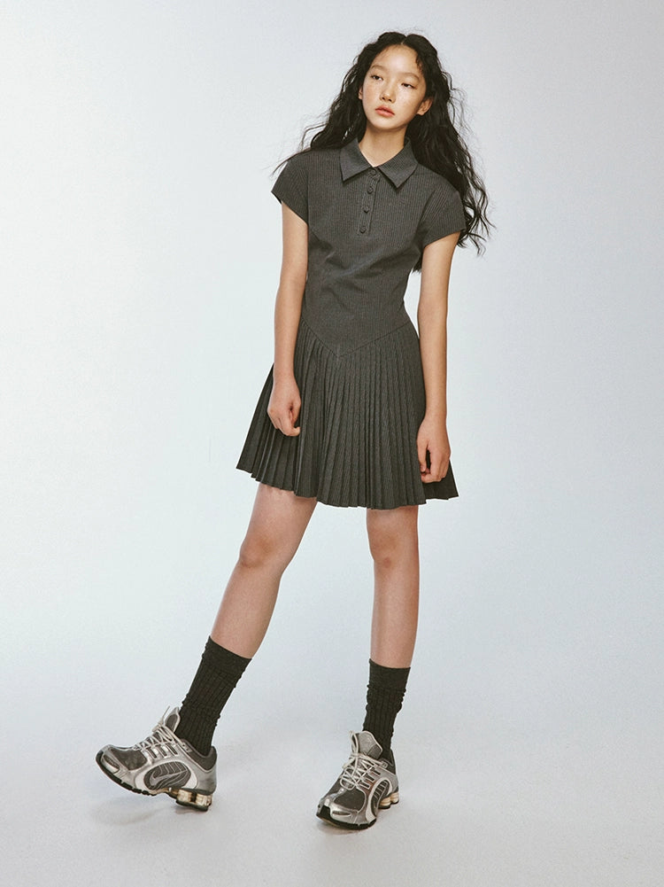 College Style Pleated Stitching Striped Polo Dress